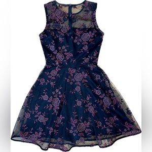 Aqua | Black Dress with Burgundy Floral Embroidery